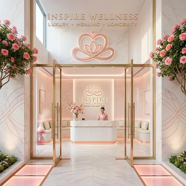 ทางเข้าหลักคลินิก Inspire Wellness มองจากภายนอกผ่านประตูกระจก