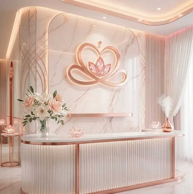 เคาน์เตอร์ต้อนรับหินอ่อนพร้อมโลโก้ Inspire Wellness