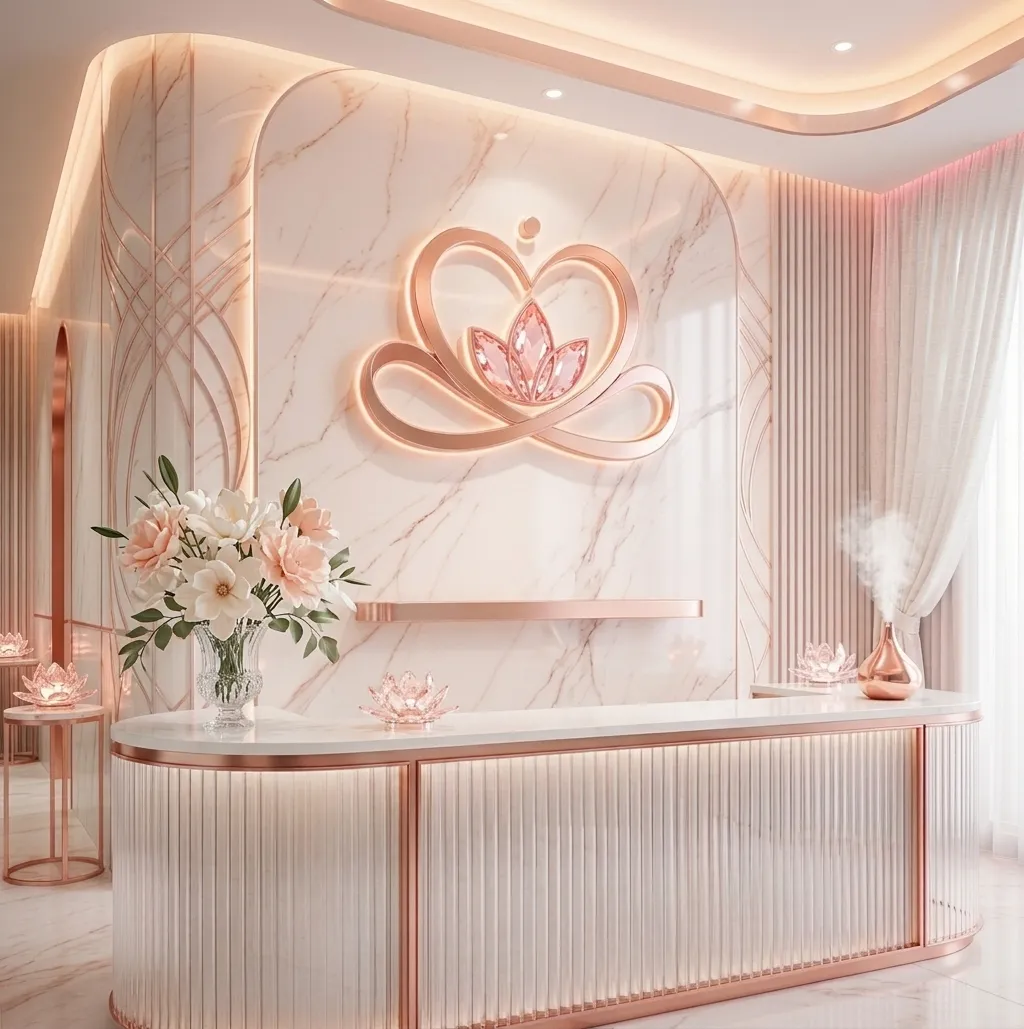 เคาน์เตอร์ต้อนรับหินอ่อนพร้อมโลโก้ Inspire Wellness